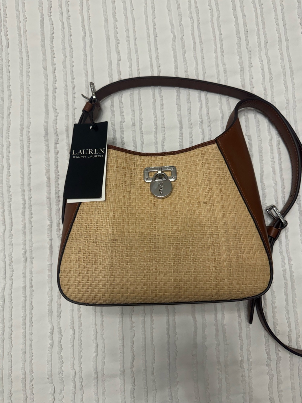Lauren Ralph Lauren Natural Woven Shoulder Bag with Brown Trim
